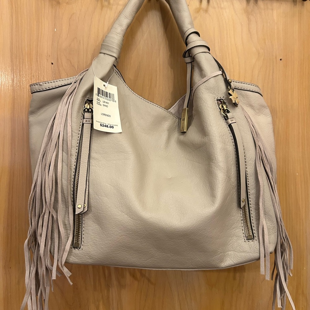 Fringed Beige Leather Tote Bag